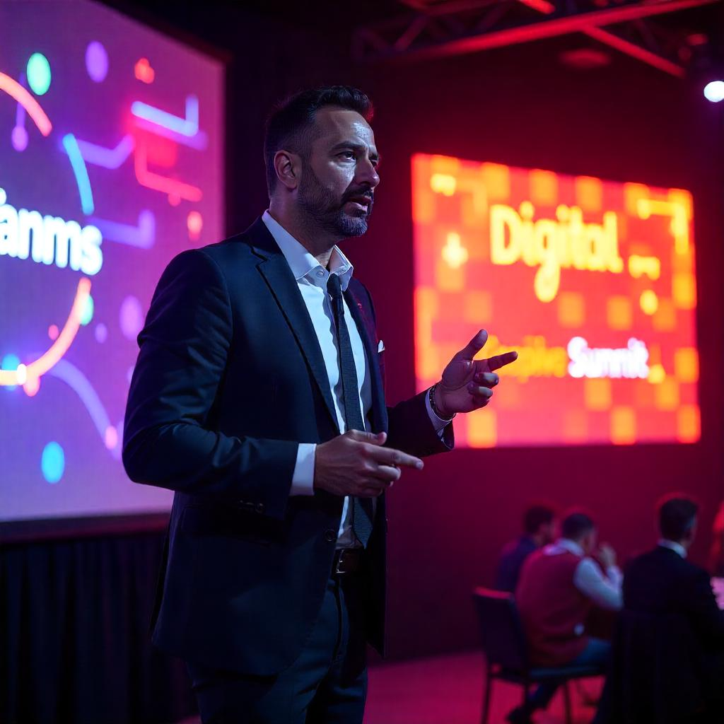 Man in suit speaking at expo
