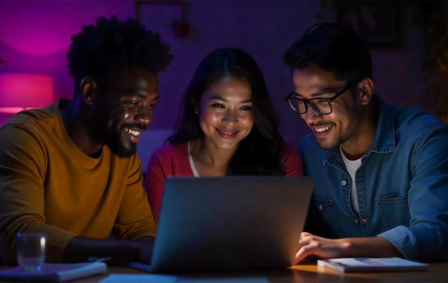 friends sitting together around a laptop in a dark room