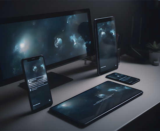 phone tablet and desktop monitor showing same screen