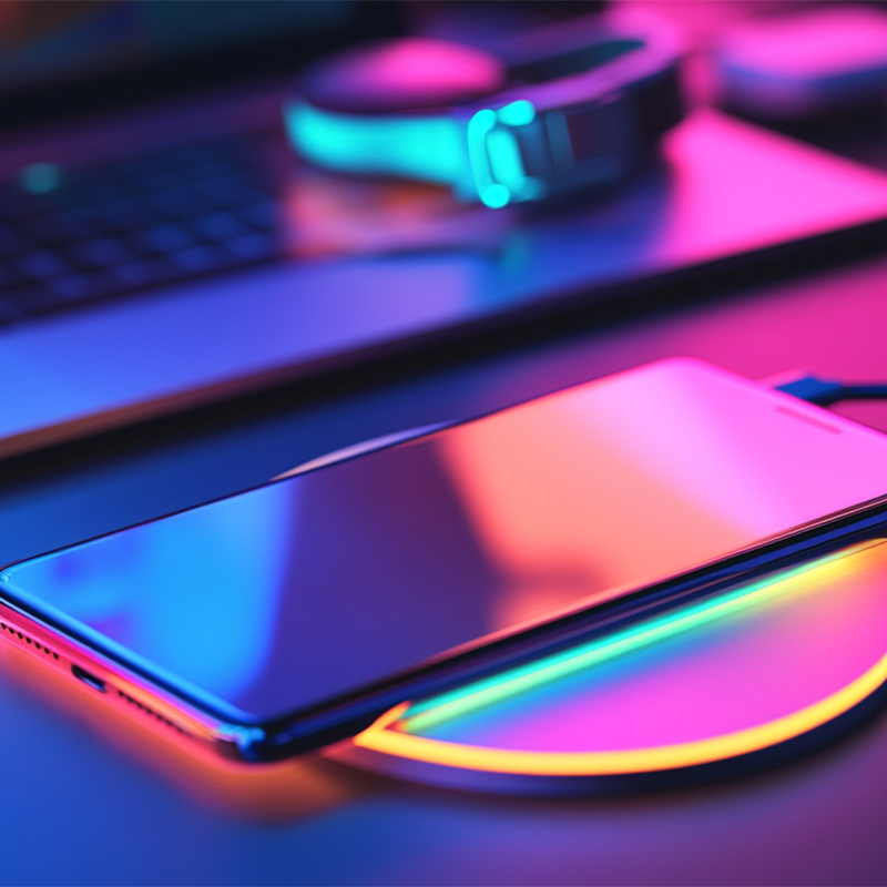 smartphone placed on a charging pad with rgb lighting