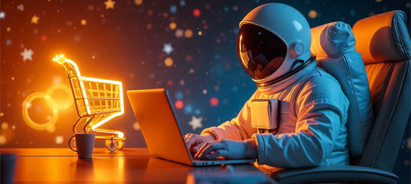 astronault typing in laptop shopping cart with neon lights on desk
