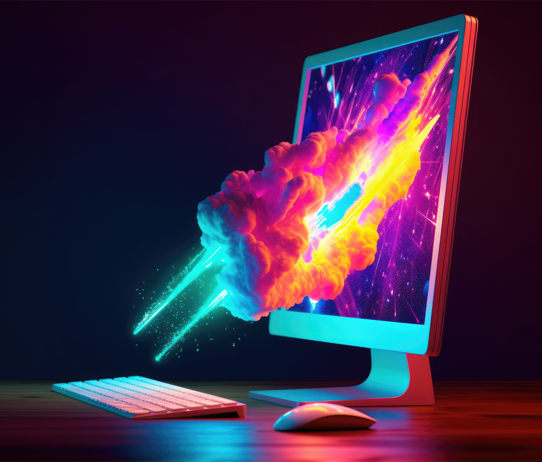 colourful clouds coming out of a computer monitor