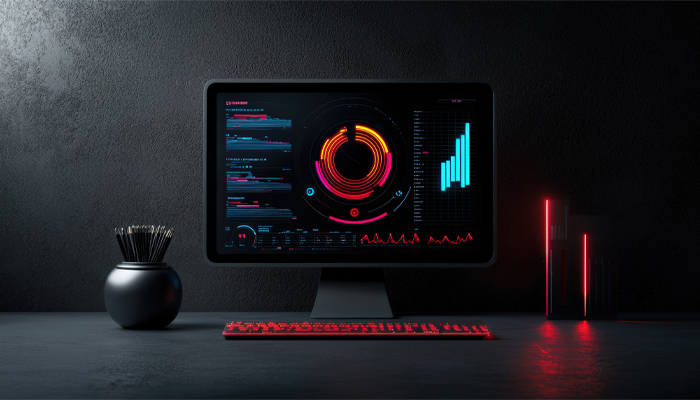 computer monitor displaying colorful graphs and charts