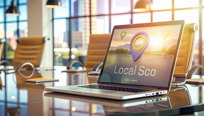 laptop displaying map pin icons on a picture