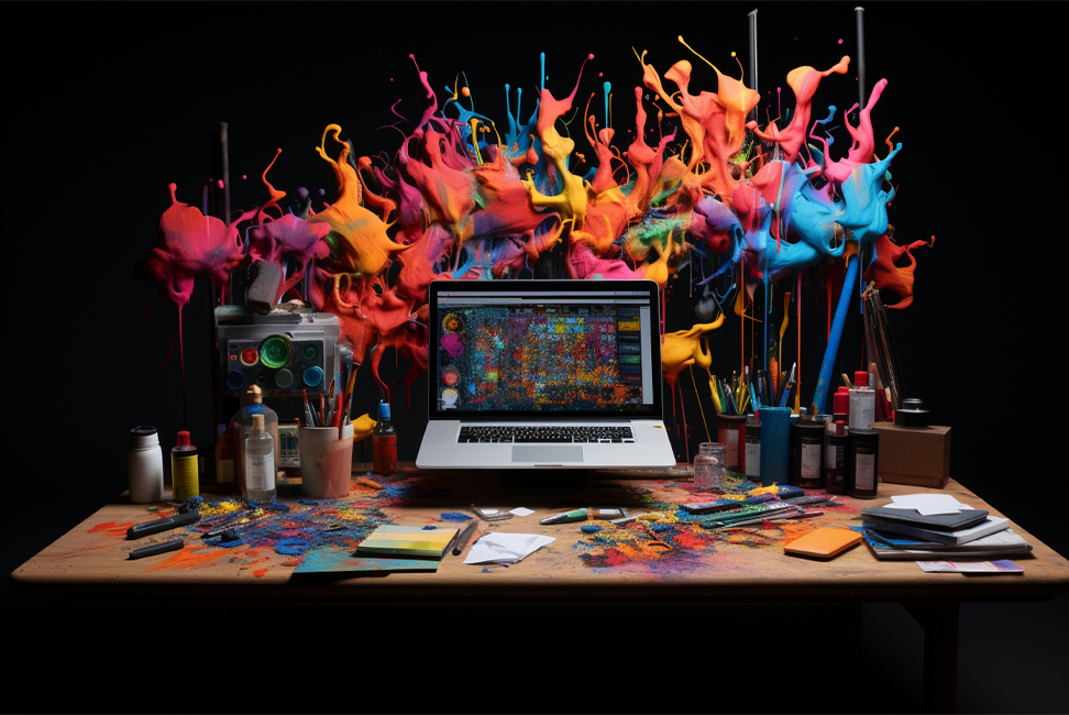 laptop on table colorful paint splashes in background