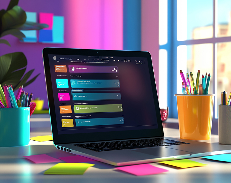 laptop on table with sticky notes